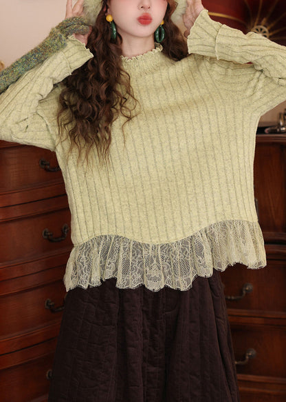 Women Blue Ruffled Lace Patchwork Knit Top Spring