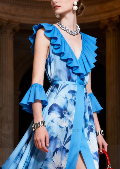 Women Blue Ruffled Print Chiffon Vacation Dress Sleeveless