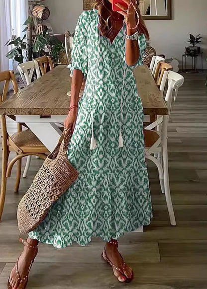 Women Blue V Neck Print Boho Cotton Long Dresses Summer