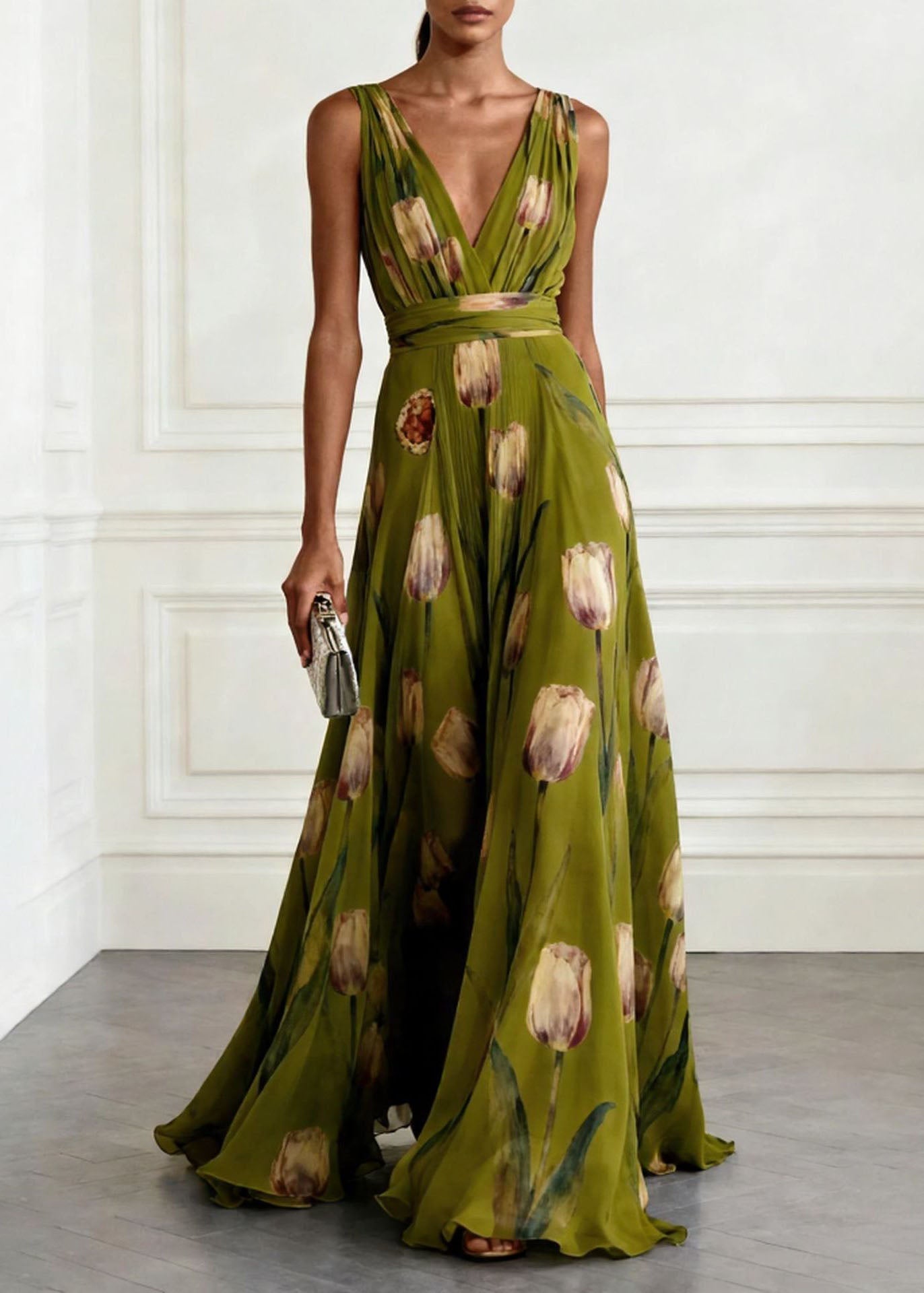 Women Blue V Neck Print Chiffon Long Dress Sleeveless