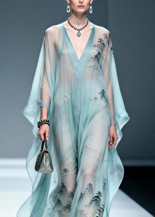 Women Blue V Neck Print Chiffon Long Dress Spring