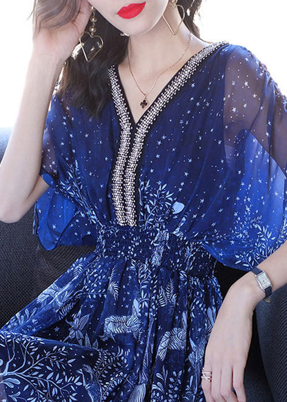 Women Blue V Neck Print Nail Bead Chiffon Dresses Batwing Sleeve