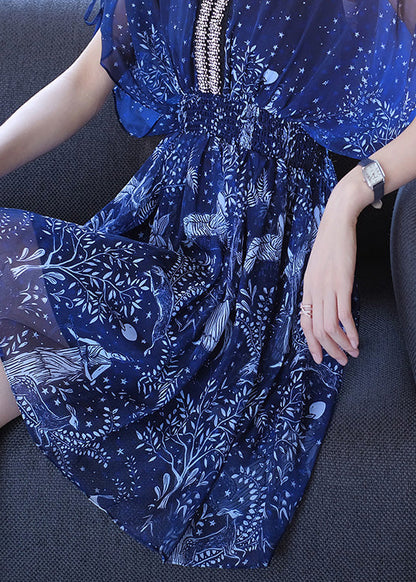 Women Blue V Neck Print Nail Bead Chiffon Dresses Batwing Sleeve
