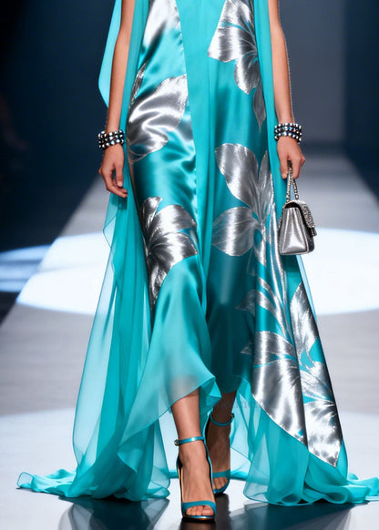 Women Blue V Neck Print Patchwork Chiffon Dresses Summer