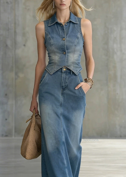 Women Blue Vest And Skirts Denim Two Pieces Set Summer