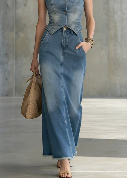 Women Blue Vest And Skirts Denim Two Pieces Set Summer