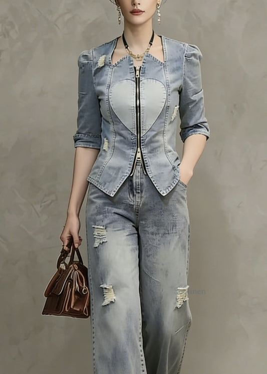 Women Blue Zip Up Patchwork Ripped Denim Two Pieces Set Spring
