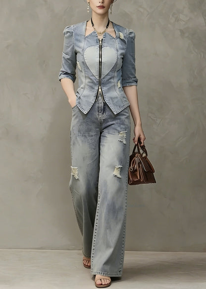 Women Blue Zip Up Patchwork Ripped Denim Two Pieces Set Spring