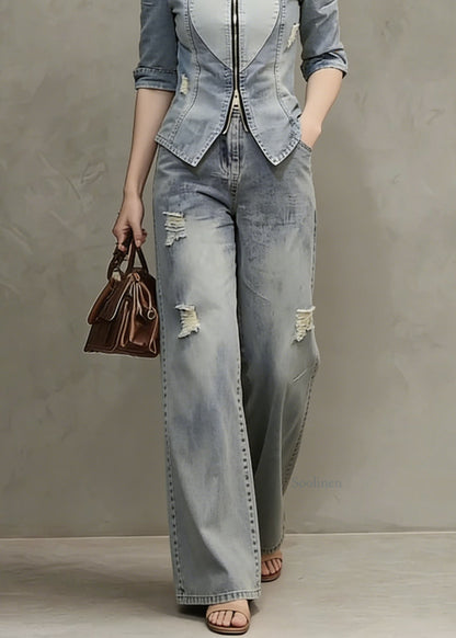 Women Blue Zip Up Patchwork Ripped Denim Two Pieces Set Spring
