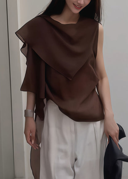 Women Brown Asymmetrical Chiffon Tank Tops Summer