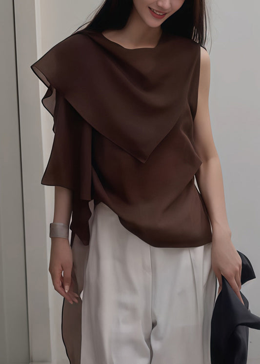 Women Brown Asymmetrical Chiffon Tank Tops Summer