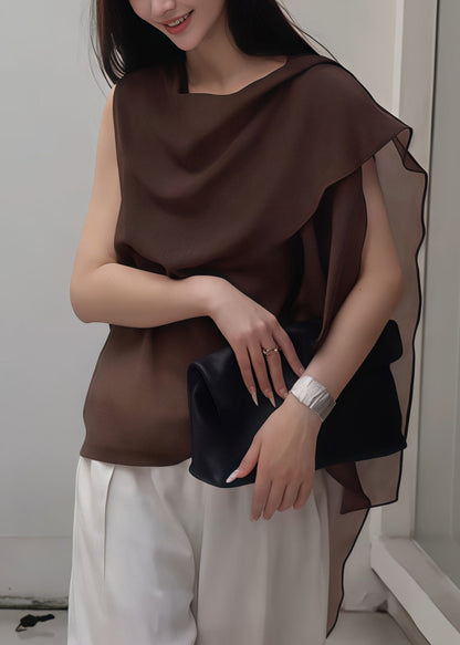 Women Brown Asymmetrical Chiffon Tank Tops Summer