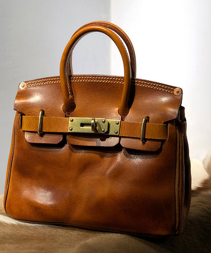 Women Brown Solid Durable Patchwork Golden Leather Tote Handbag