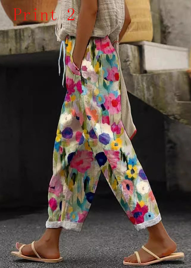 Women Casual Pockets Print Cotton Pants Summer