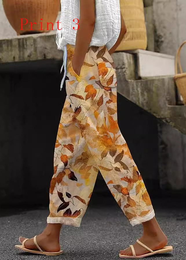Women Casual Pockets Print Cotton Pants Summer