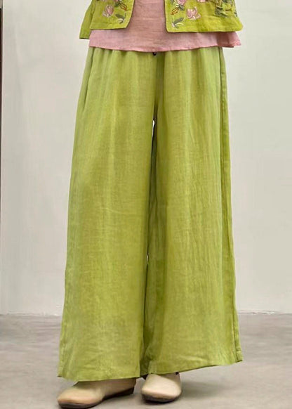 Women Casual Yellow Pockets Elastic Waist Linen Pants Summer
