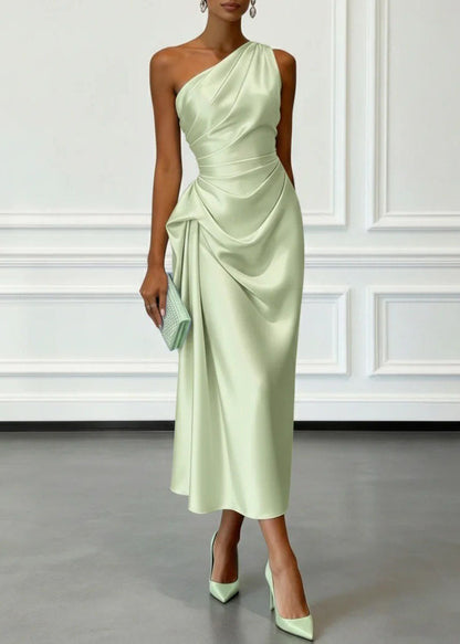 Women Champagne One Shoulder Wrinkled Silk Dress Summer