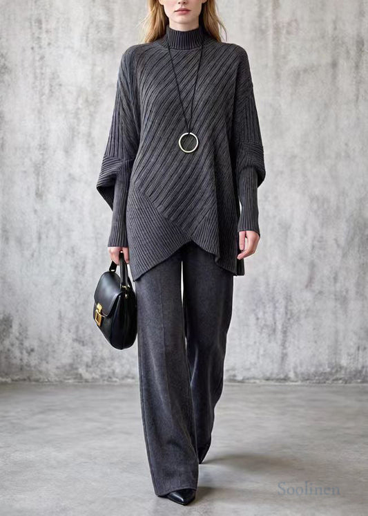 Women Charcoal Grey Oversized Knit Two Piece Set Batwing Sleeve
