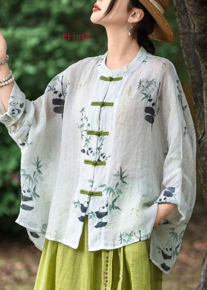 Women Chinese Button Print Linen Shirt Top Long Sleeve