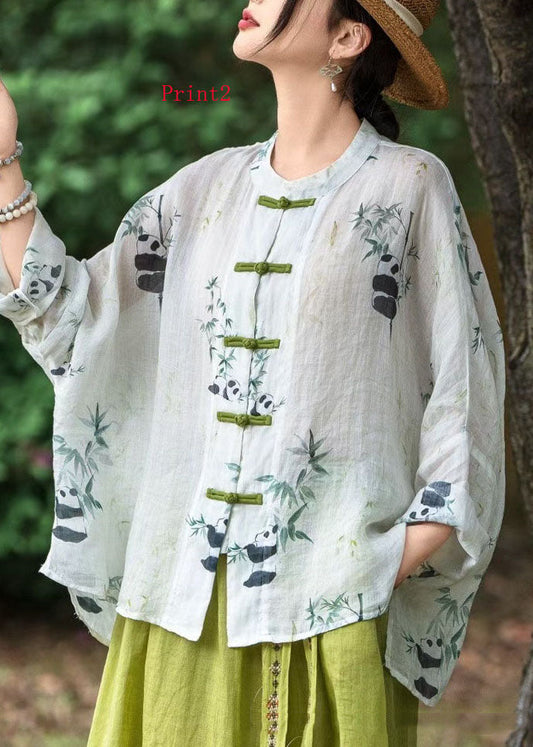 Women Chinese Button Print Linen Shirt Top Long Sleeve