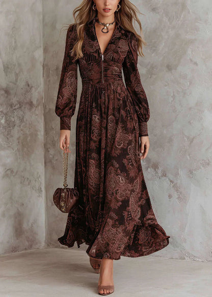 Women Chocolate Zip Up Print Wrinkled Cotton Maxi Dresses Fall