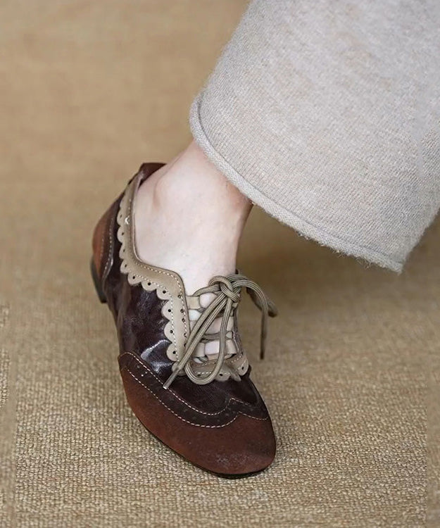 Women Coffee Cowhide Leather Splicing Suede Flat Shoes Lace Up