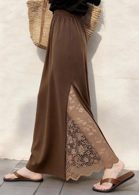 Women Coffee Lace Patchwork Elastic Waist Cotton Skirts Winter