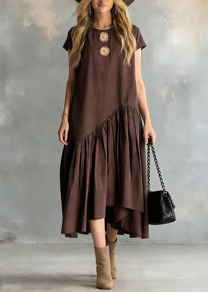 Women Coffee O-Neck Wrinkled Patchwork Long Dresses Short Sleeve