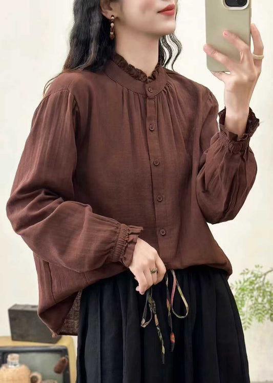 Women Coffee Oversized Stand Collar Cotton Blouses Fall
