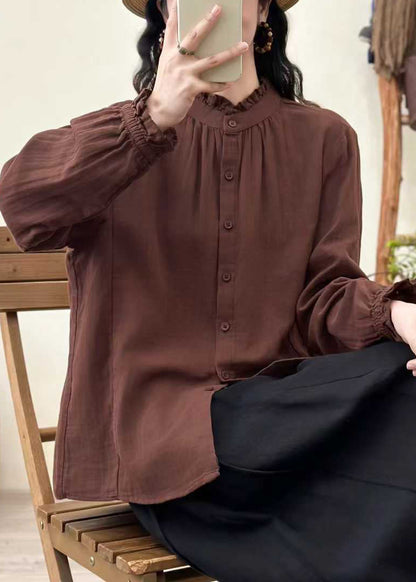 Women Coffee Oversized Stand Collar Cotton Blouses Fall