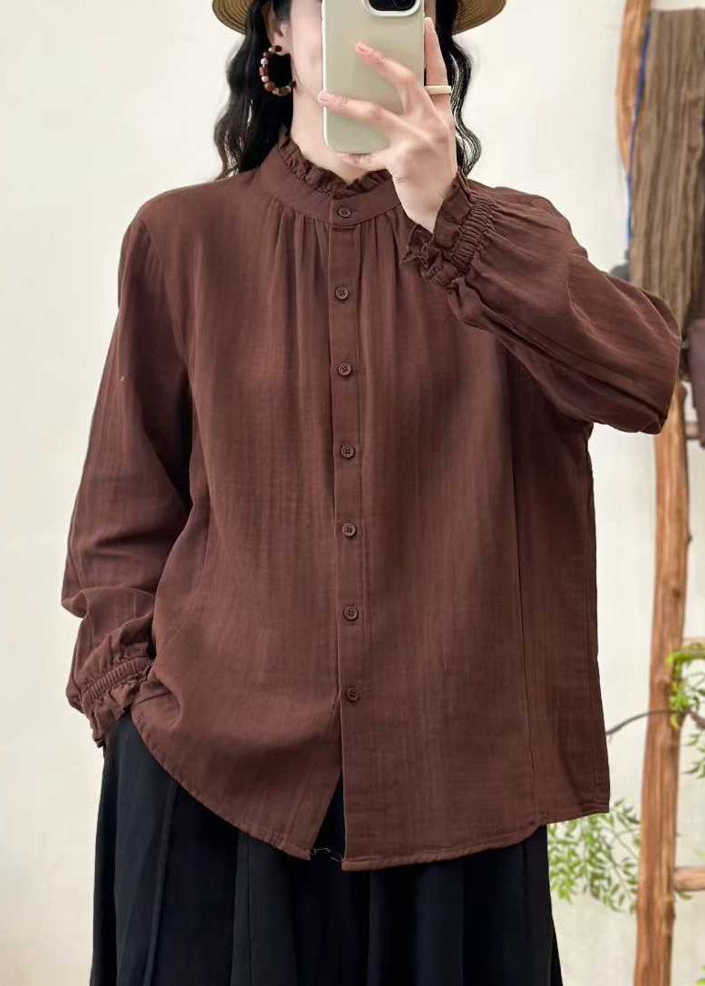 Women Coffee Oversized Stand Collar Cotton Blouses Fall
