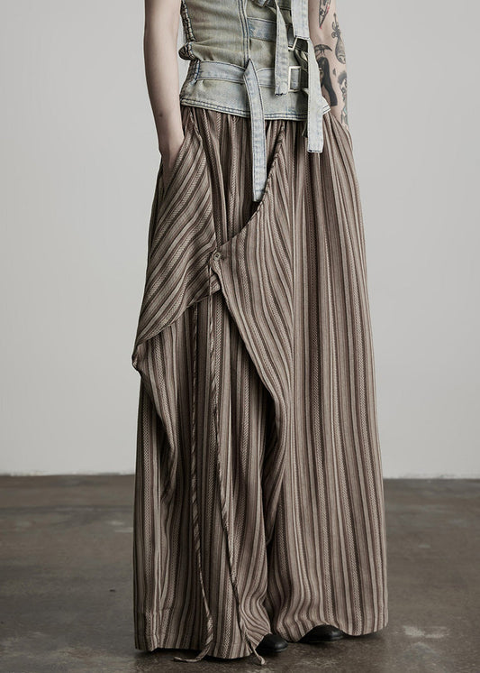 Women Coffee Pockets Striped False Two Pieces Cotton Pants Spring