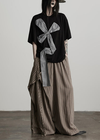 Women Coffee Pockets Striped False Two Pieces Cotton Pants Spring