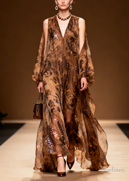 Women Coffee Print Sparkly Silk Vestidos Dresses Summer