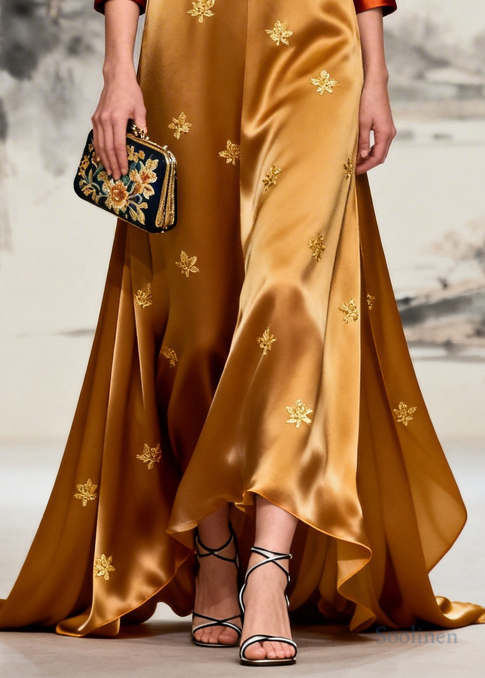 Women Coffee V Neck Patchwork Print Silk Maxi Dresses Long Sleeve