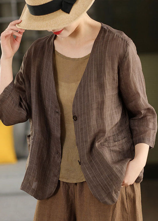 Women Coffee V Neck Pockets Striped Linen Jacket Summer