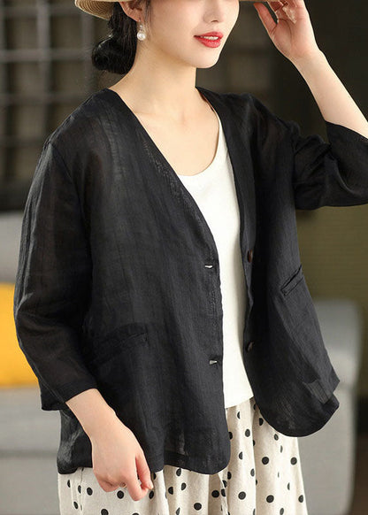 Women Coffee V Neck Pockets Striped Linen Jacket Summer