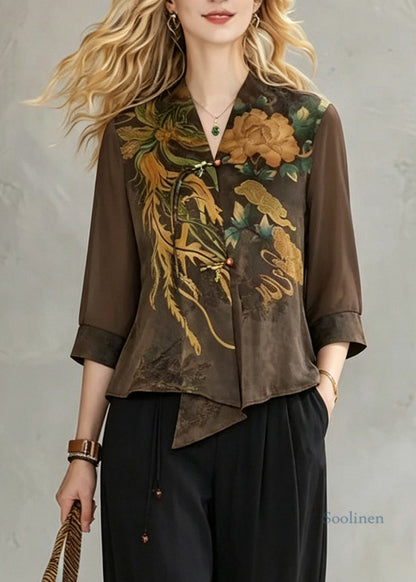 Women Coffee V Neck Print Chiffon Tops And Crop Pants Fall