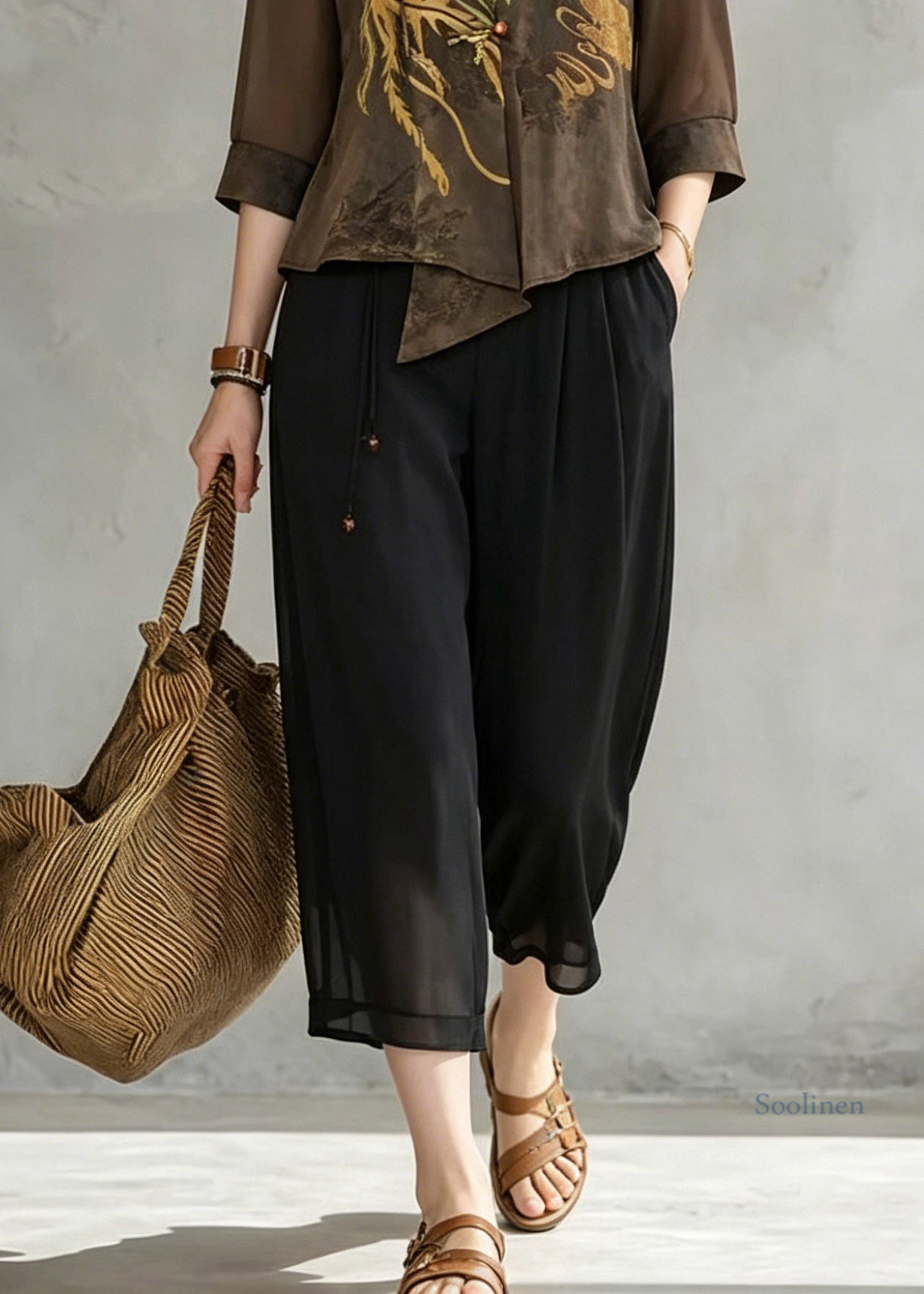 Women Coffee V Neck Print Chiffon Tops And Crop Pants Fall