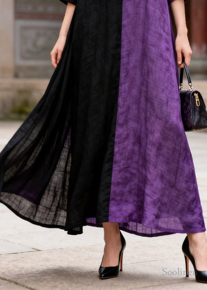 Women Colorblock Asymmetrical Patchwork Chinese Button Cotton A Line Dress Summer