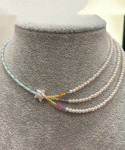 Women Colorblock Pearl Beads Layered Star Gratuated Bead Necklace