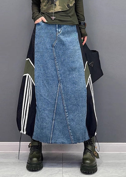 Women Colorblock Pockets Patchwork Drawstring Denim Skirt Summer