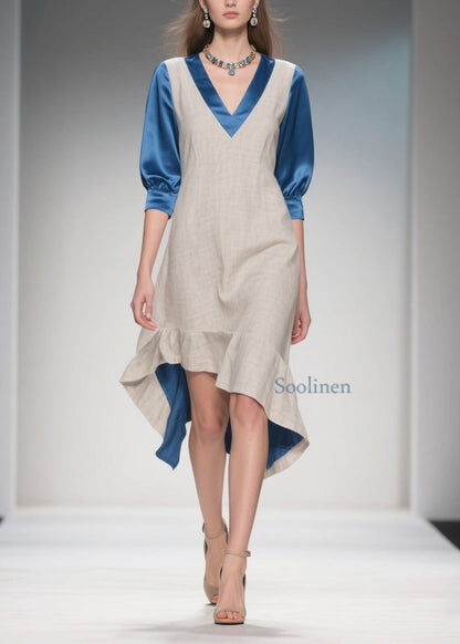Women Colorblock Ruffled Patchwork Linen Silk Dress Summer