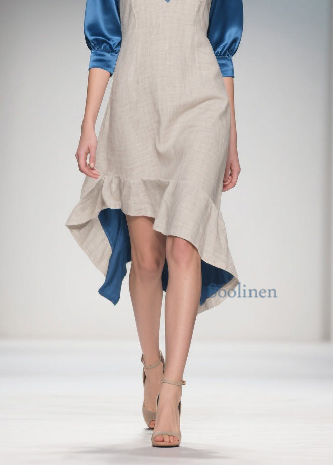 Women Colorblock Ruffled Patchwork Linen Silk Dress Summer