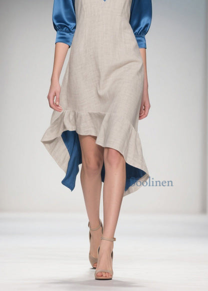 Women Colorblock Ruffled Patchwork Linen Silk Dress Summer