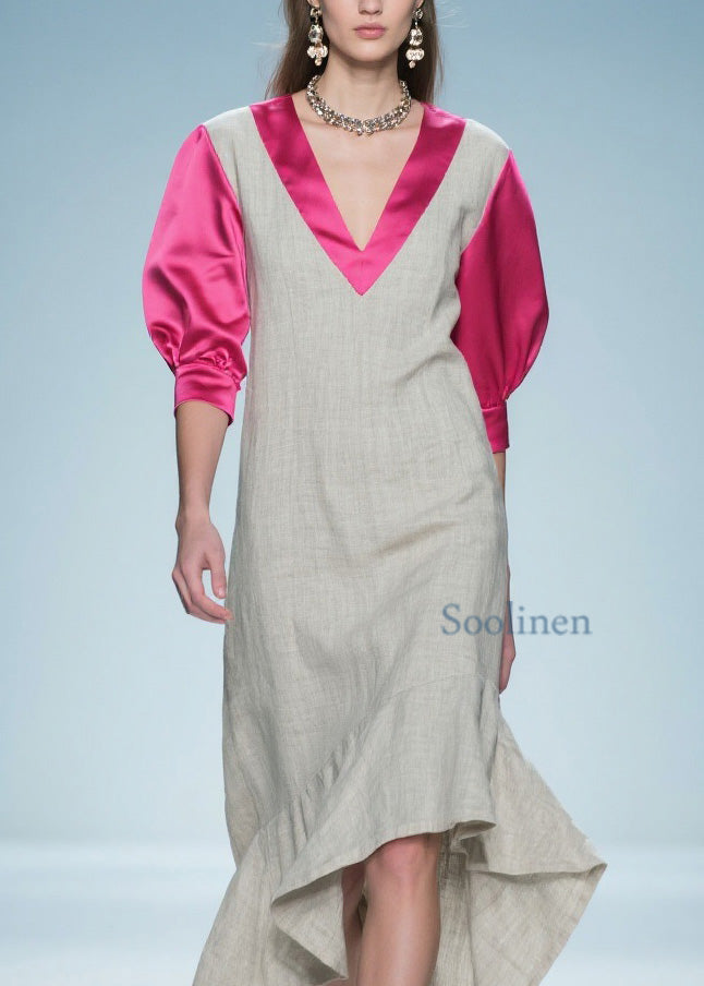 Women Colorblock Ruffled Patchwork Linen Silk Long Dress Summer