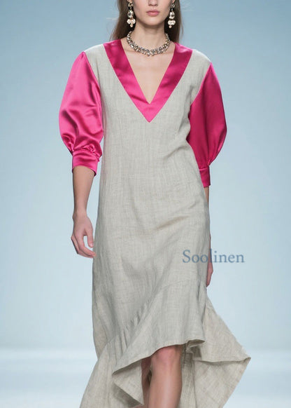 Women Colorblock Ruffled Patchwork Linen Silk Long Dress Summer