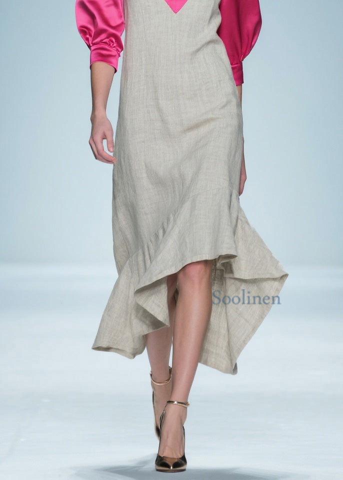 Women Colorblock Ruffled Patchwork Linen Silk Long Dress Summer