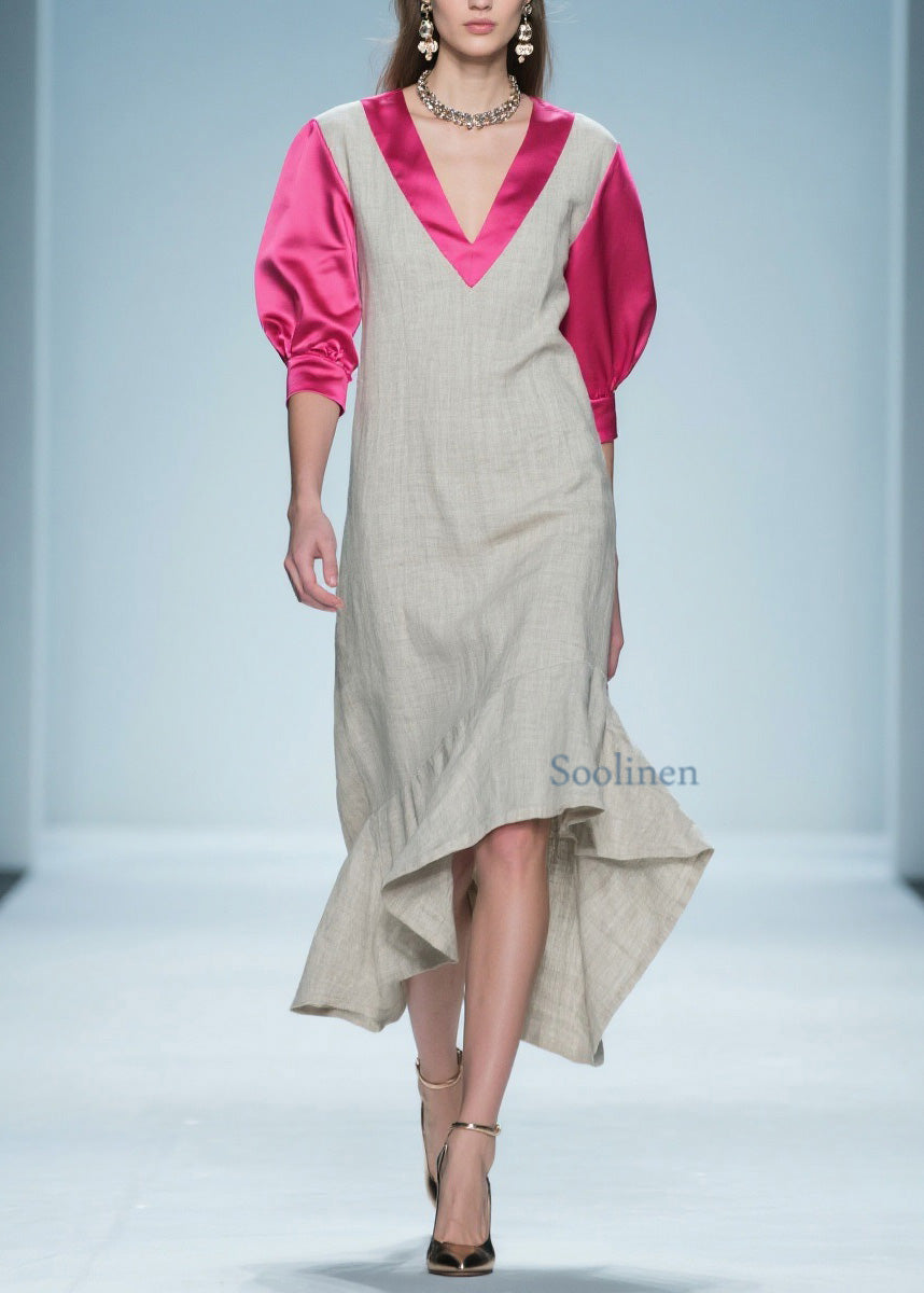 Women Colorblock Ruffled Patchwork Linen Silk Long Dress Summer