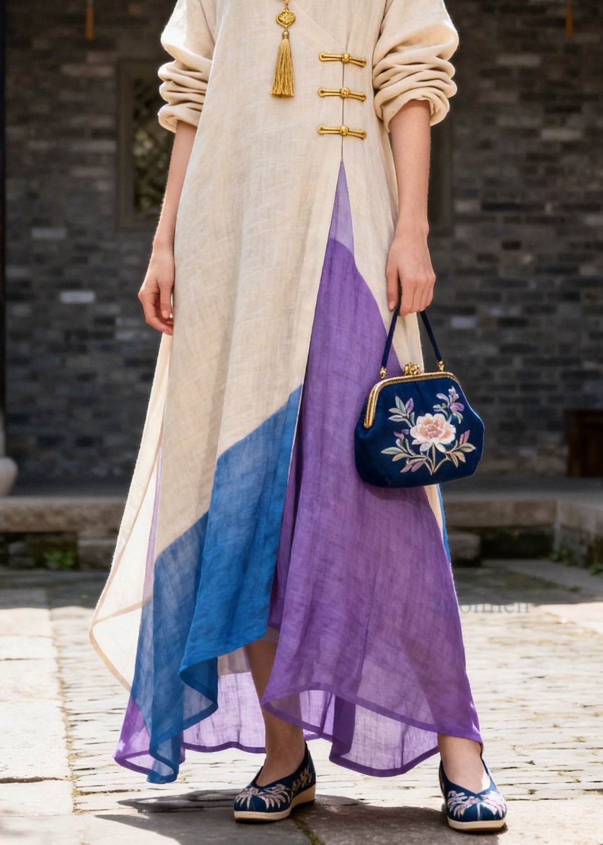Women Colorblock V Neck Button Patchwork Cotton Dress Summer